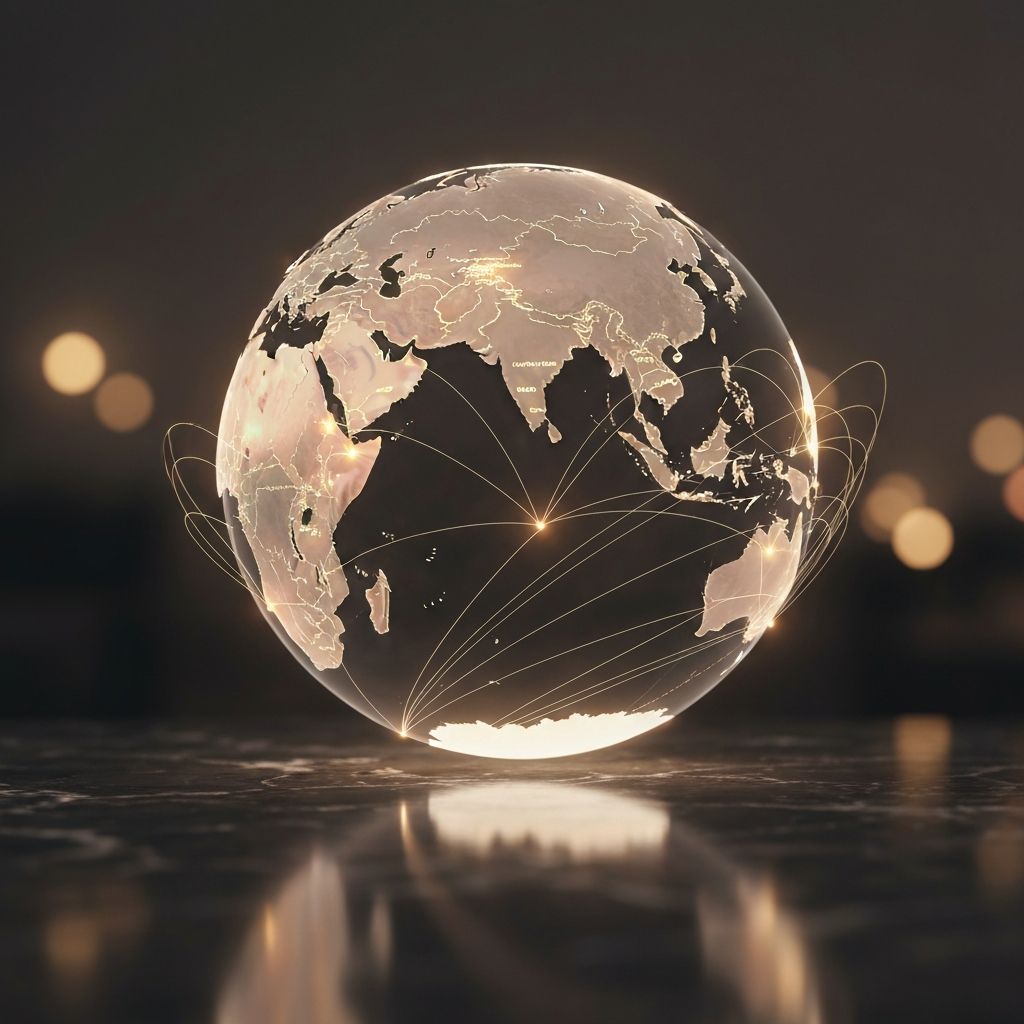 Illuminated globe showing global network connections across Asia
